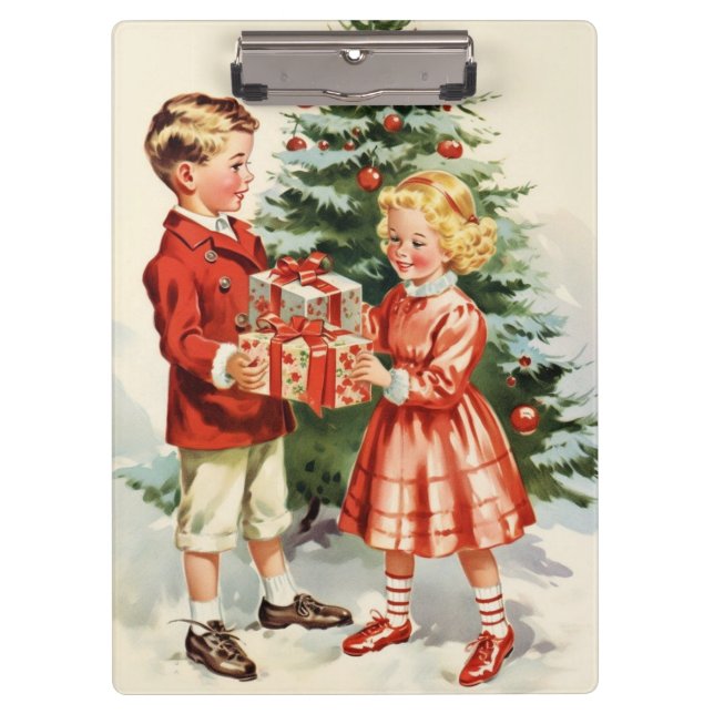 Pranchetas Boy and girl giving each other Christmas presents (Frente)