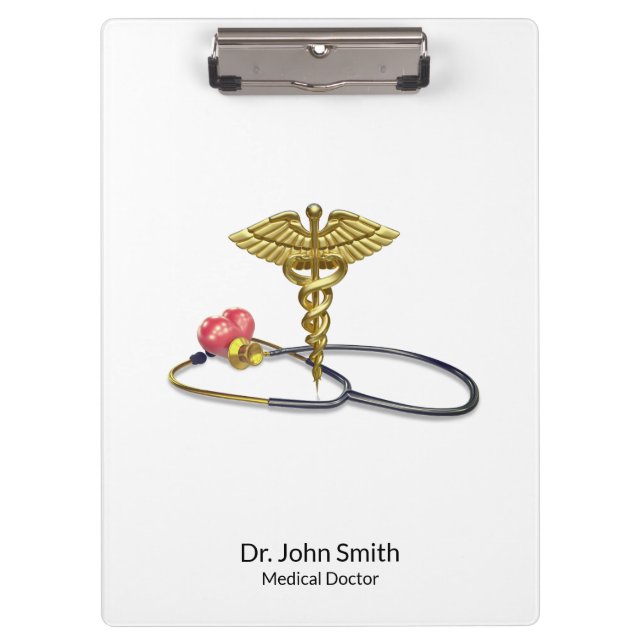 Pranchetas Caduceu Médico Dourado & Estetoscópio com Coração (Frente)