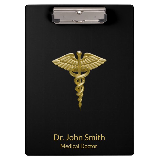 Pranchetas Caduceus Dourado médico elegante no preto - (Frente)