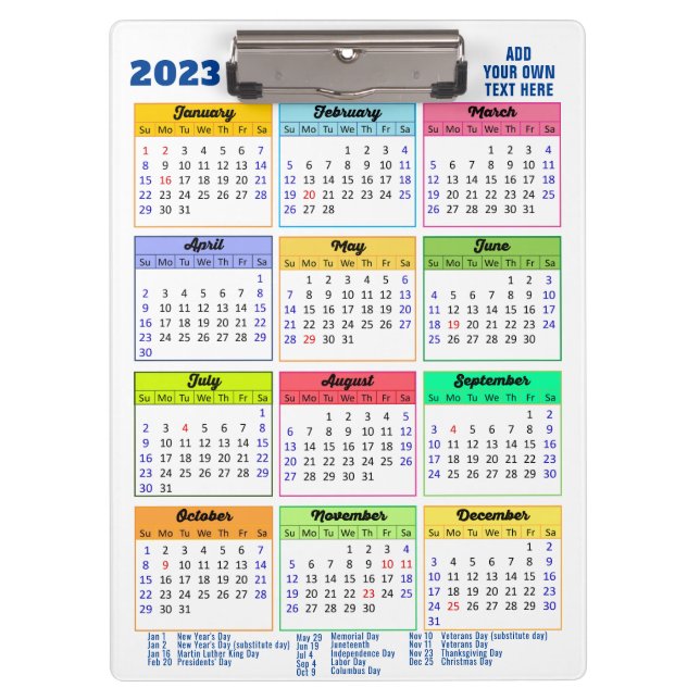 Pranchetas Calendário 2023-2026 com feriados públicos moderno (Frente)
