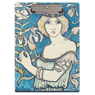 Pranchetas Cartaz de Arte Nova Mulher Azul Floral Impressão V