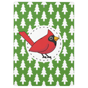 Pranchetas Cartoon Red Cardinal sobre Pinheiros Brancos Verde