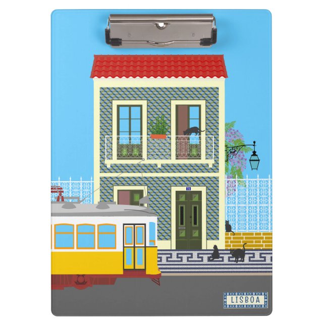 Pranchetas Casa velha de Lisboa com gatos e elétrico amarelo (Frente)