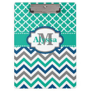 Pranchetas Cerceta Chevron azul Quatrefoil personalizado