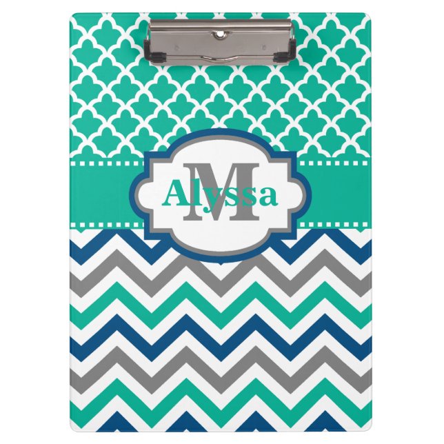 Pranchetas Cerceta Chevron azul Quatrefoil personalizado (Frente)