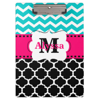 Pranchetas Cerceta Chevron preto cor-de-rosa Quatrefoil