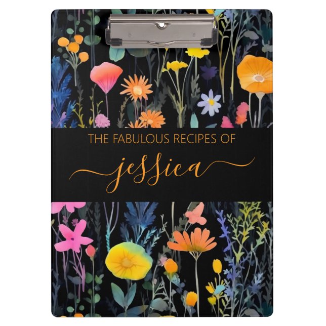 Pranchetas Chic black watercolor wildflower name (Frente)
