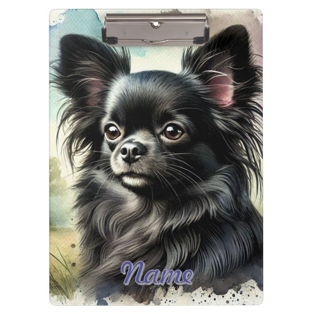 Pranchetas Chihuahua Preto de Cabelo Longo em Aquarela (Frente)