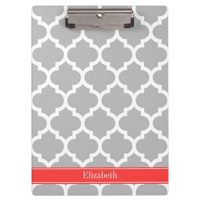 Pranchetas Cinza White Marroquino #5 Coral Red Name Monograma (Frente)