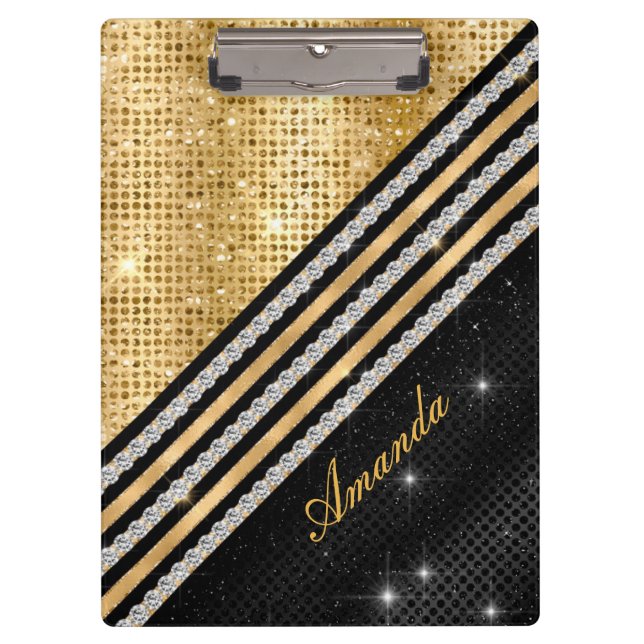 Pranchetas Cristal Dourado E Negro Personalizado na moda faux (Frente)
