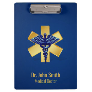 Pranchetas Cruz Dourada de Caduceus 3D Médico Azul