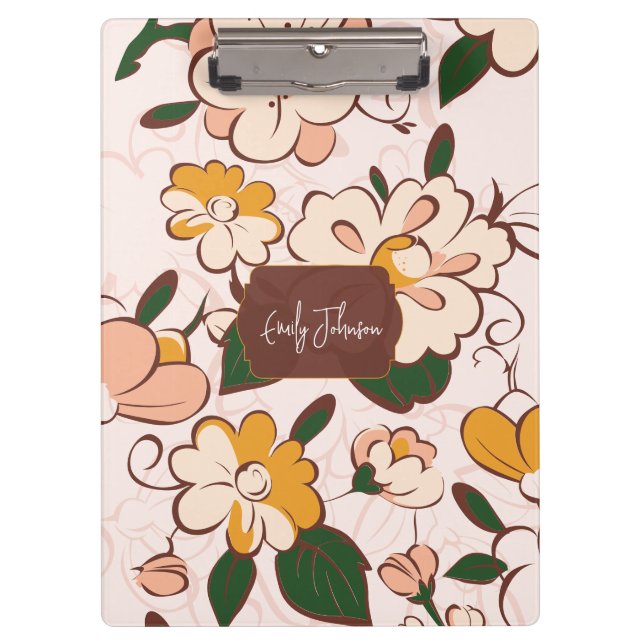 Pranchetas Custom Name Retro Floral Meadow Cream Peach Yellow (Frente)