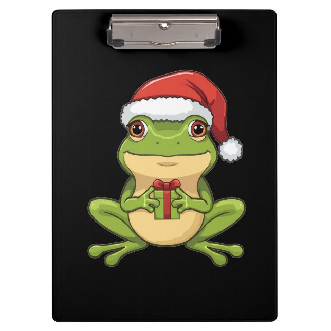 Pranchetas Cute Christmas Frog with Santa Hat Holding  Gift - (Frente)
