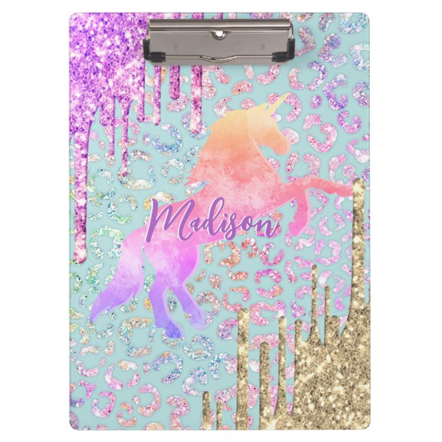 Pranchetas Cute Mint Unicorn Animal print glitograma monogram (Frente)