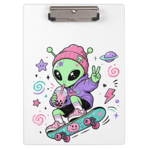Pranchetas Design de Bubble Tea com Alien Skater Kawaii