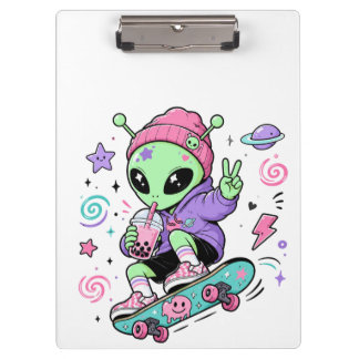 Pranchetas Design de Bubble Tea com Alien Skater Kawaii