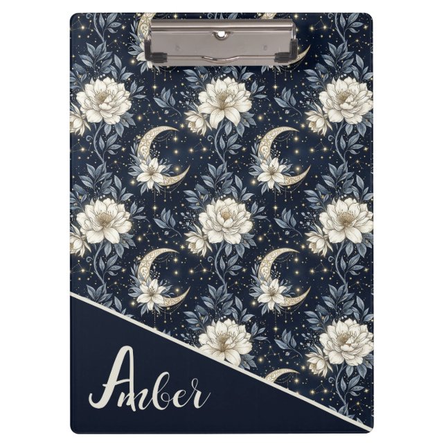 Pranchetas Design Floral Celestial de Meia-Noite & Lua Cresce (Frente)