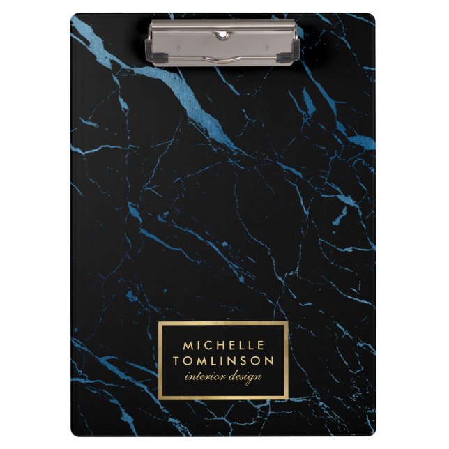 Pranchetas Designer de mármore preto e azul personalizado (Frente)