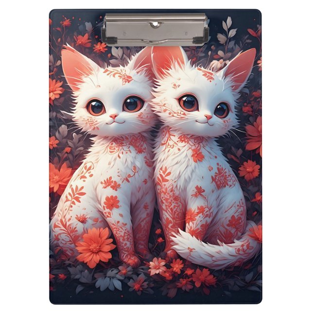 Pranchetas Dois gatinhos brancos e flores (Frente)
