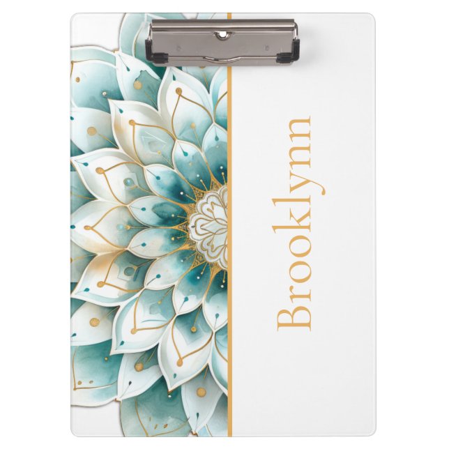 Pranchetas Dourado Teal Floral Mandala Personalizado (Frente)