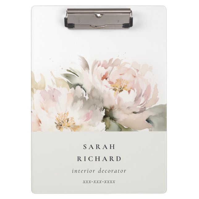 Pranchetas Dusky Blush Peony Watercolor Floral Bunch Business (Frente)