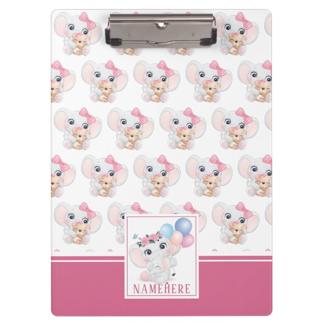 Pranchetas Elefante Rosa Feminino com Laço e Padrão de Balão (Frente)