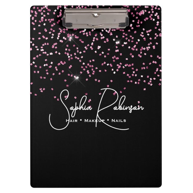 Pranchetas Elegant Black and Pink Glitter Salon Business (Frente)