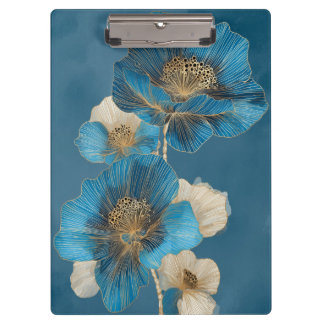 Pranchetas Elegant Blue Gold Line Art Poppy Botanical