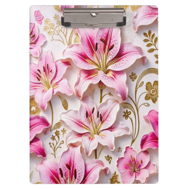 Pranchetas Elegant Pink Lilies with Golden Botanical Accents (Frente)