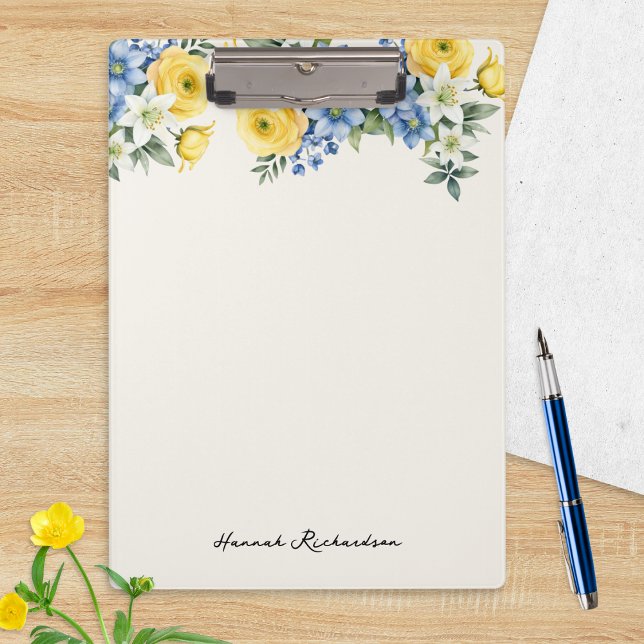 Pranchetas Elegant Watercolor Floral Custom Name (A personalized clipboard with yellow, blue and white floral design and name in script typography)