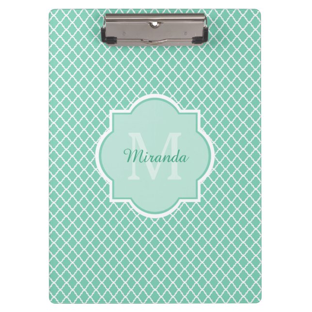 Pranchetas Elegante Mint Green Quatrefoil Monograma Com Nome (Frente)