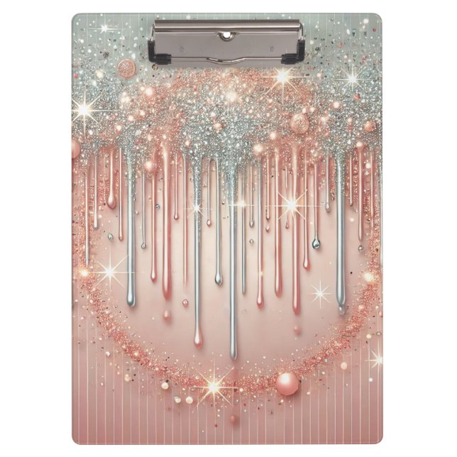 Pranchetas Elegante Rosa Bege e Brilho de Prata Drip  (Frente)