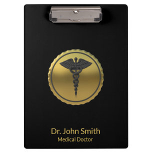 Pranchetas Emblema Caduceu 3D Dourado Médico Profissional