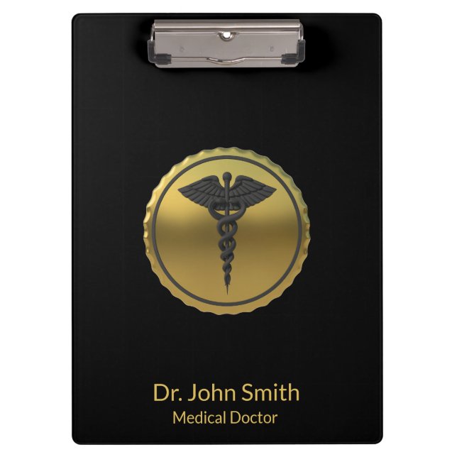 Pranchetas Emblema Caduceu 3D Dourado Médico Profissional (Frente)