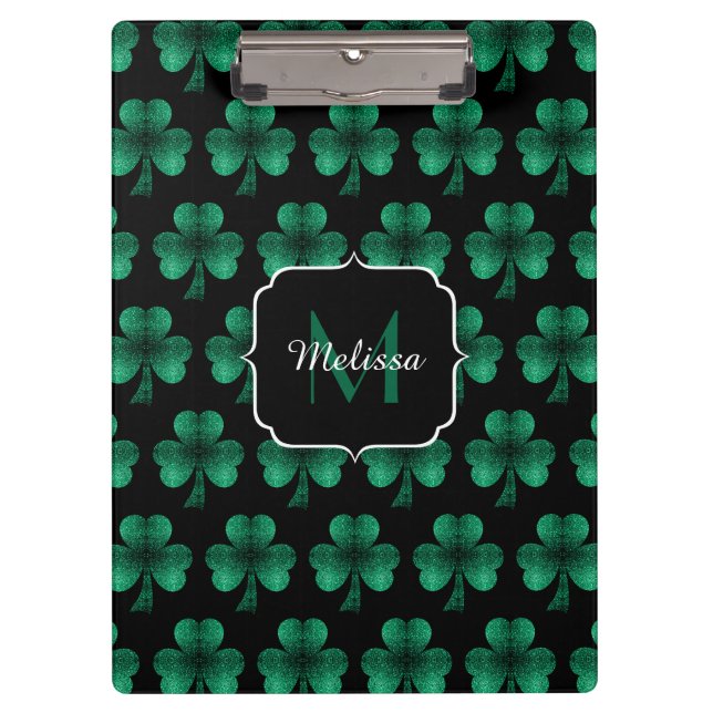 Pranchetas Emerald Green Sparkle Shamrock black Monogram (Frente)