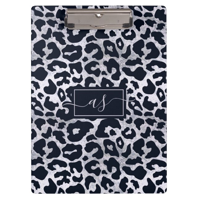Pranchetas Estilo Impresso de Leopardo Preto Prata Monogramad (Frente)