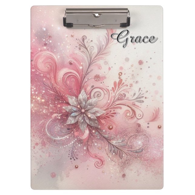 Pranchetas Flor Brilhante Rosa, Silver Sparkle, Personalizado (Frente)