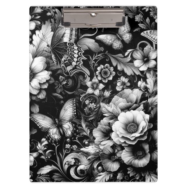 Pranchetas Floral Antiquado Monocromático com Borboletas (Frente)