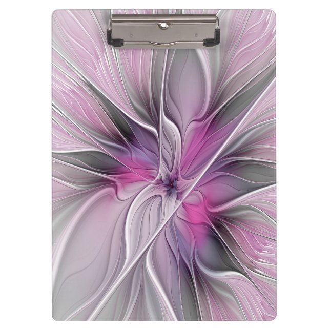 Pranchetas Floral Fractal Moderno Abstrato Flor Rosa Cinza (Frente)
