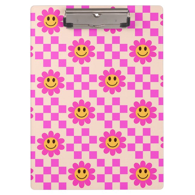 Pranchetas Flores Sorrindo Xadrez Rosa Quente com Quadrados  (Frente)