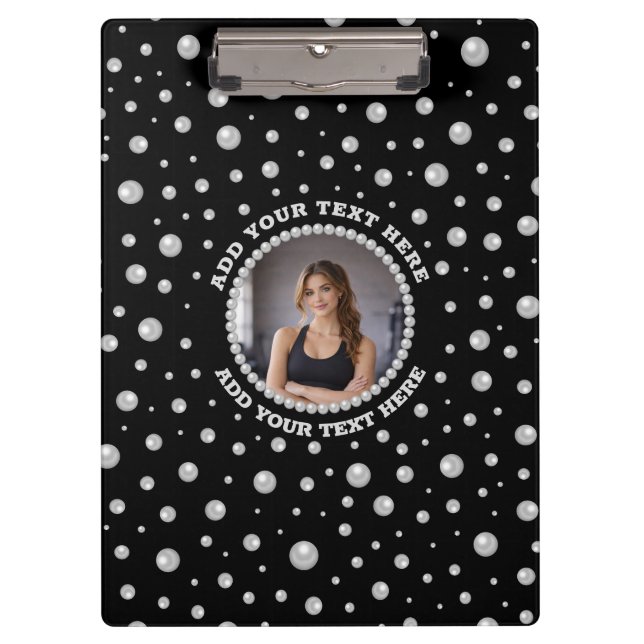 Pranchetas Foto Personalizada com Círculo de Pérolas em Preto (Frente)