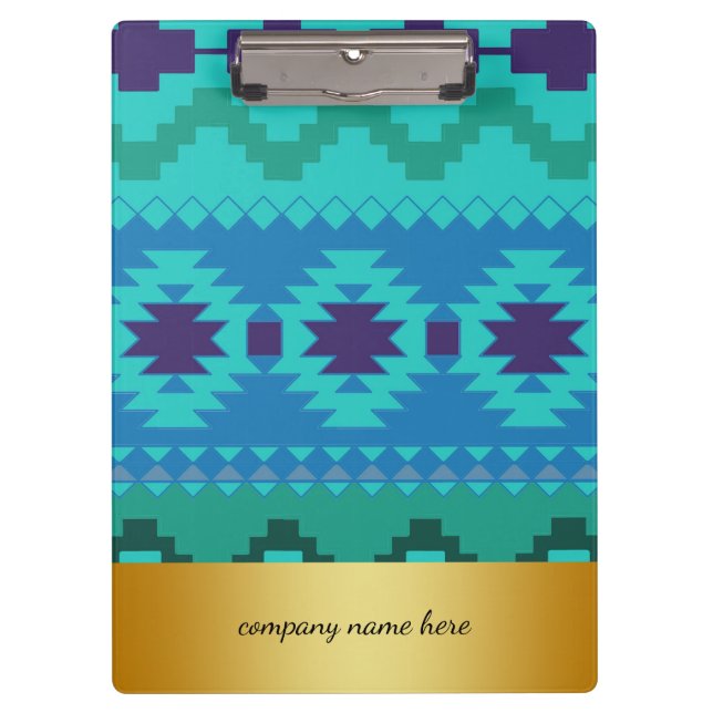 Pranchetas Fundo do Crachá Dourado Design de Têxtil Azul (Frente)