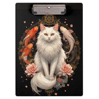 Pranchetas Gato Branco Elegante com Peixes Koi