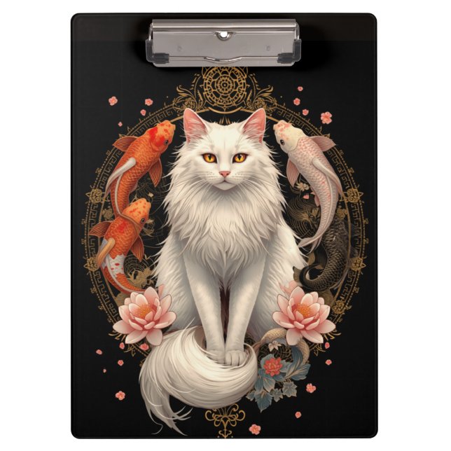 Pranchetas Gato Branco Elegante com Peixes Koi (Frente)