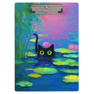Pranchetas Gato Negro Engraçado Nadando Pond   Quirky Art
