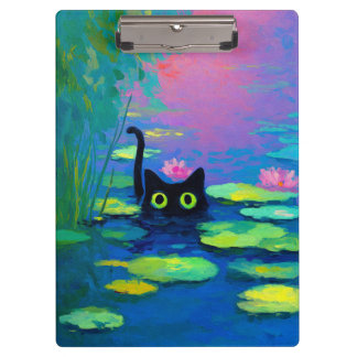 Pranchetas Gato Negro Engraçado Nadando Pond | Quirky Art