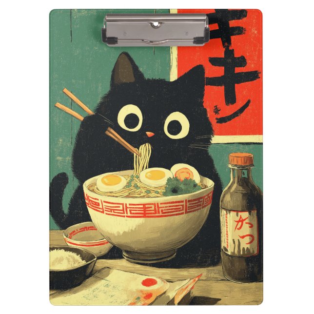 Pranchetas Gato Preto Engraçado Comendo Ramen (Frente)