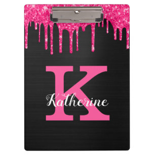 Pranchetas Girly Black Hot Pink Glitter Drives Nome do Monogr