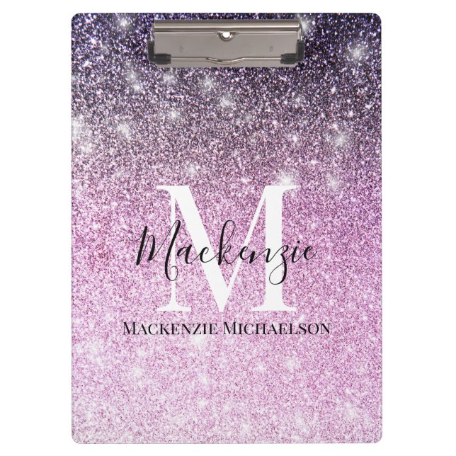 Pranchetas Girly Pink Roxo Ombre Glitter Nome do Monograma (Frente)