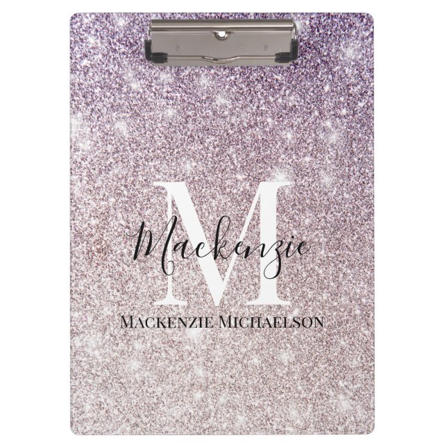 Pranchetas Girly Purple Ombre Glitter Monograma Nome (Frente)